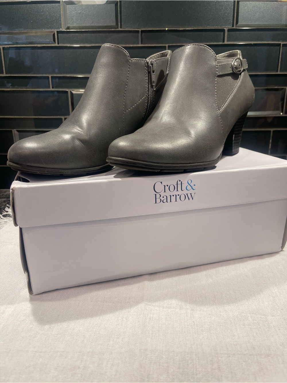 croft & barrow Charcoal Gray Faux Leather Ankle Booties with Side Buckle
